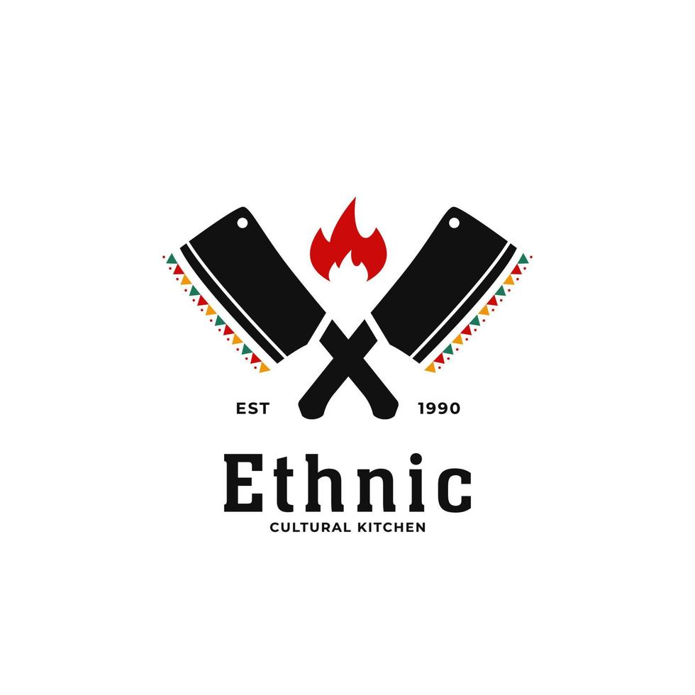 Ícono del logotipo de la cocina del alma cultural africana tradicional étnica con cuchillo de carnicero cruzado vector