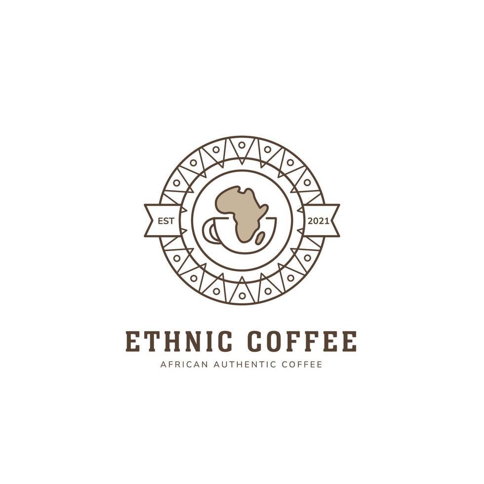 Logotipo de café africano étnico en estilo de icono de insignia redonda con decoración de patrón étnico de tribu vector