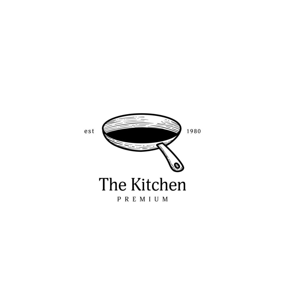 Old vintage kitchen logo with frying pan icon illustration vector