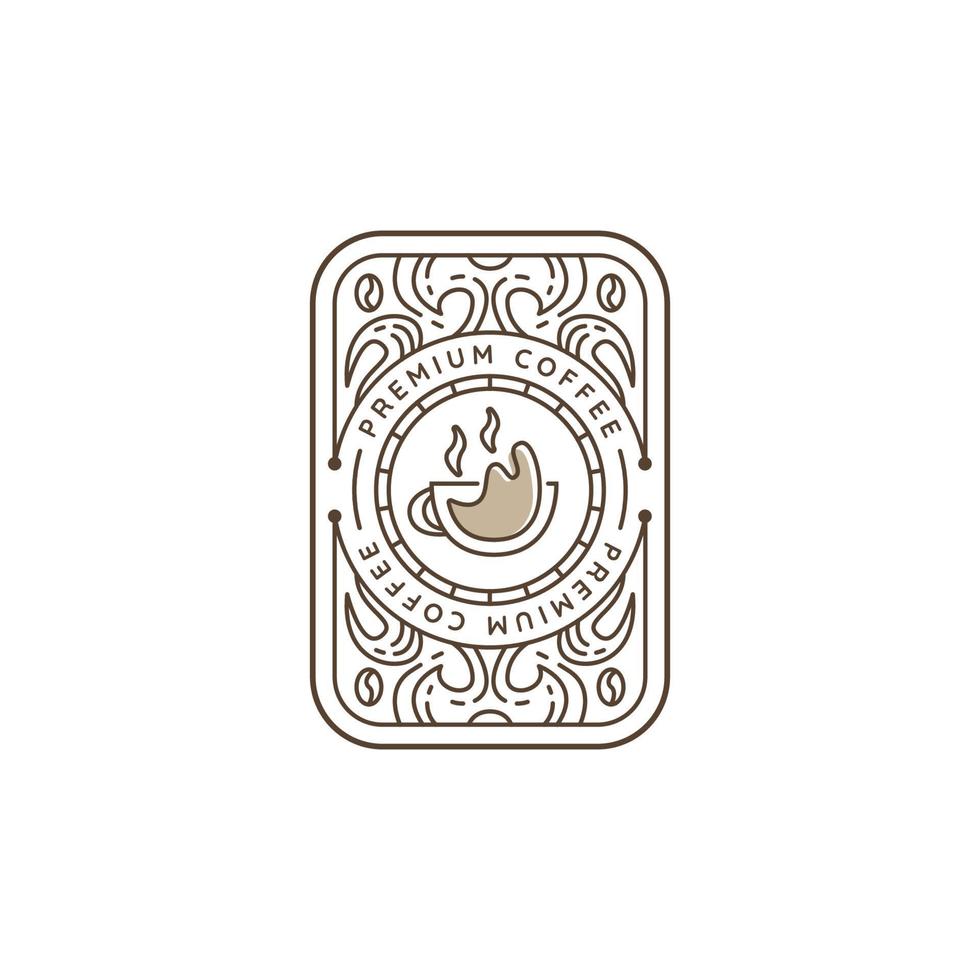 Monoline hot coffee logo in badge vintage decorative card style icon vector