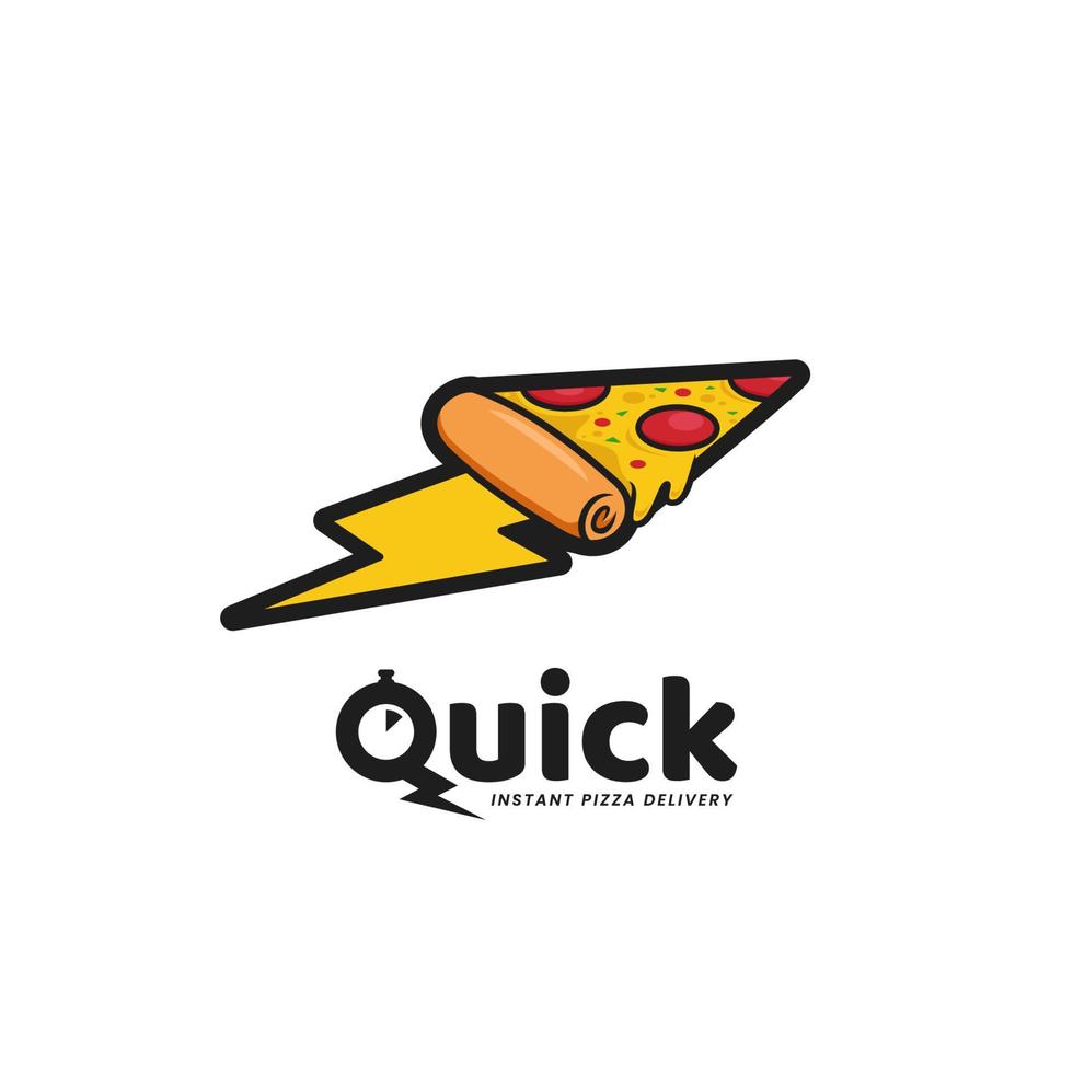 Logotipo de entrega rápida de pizza, logotipo de restaurante de pizza instantánea de comida rápida con una rebanada de pizza a la velocidad del rayo ilustración en estilo de dibujos animados vector