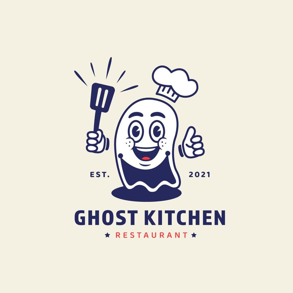 Chef fantasma con ilustración de personaje de mascota de espátula para el logotipo de concepto de restaurante en línea de cocina fantasma en estilo de dibujos animados retro vintage vector