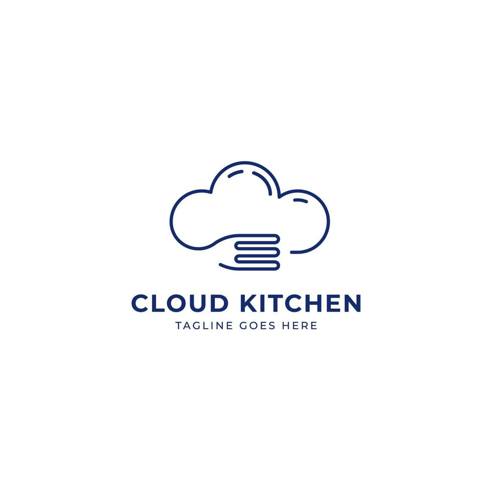 Cloud kitchen logo, digital technology cloud kitchen with fork monoline line icon logo vector