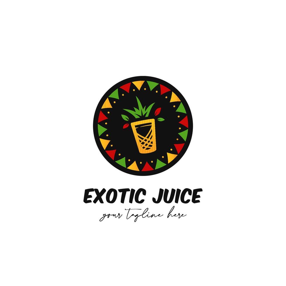 Logotipo de jugo de batido de frutas exóticas con marco de insignia de icono de patrón étnico vector