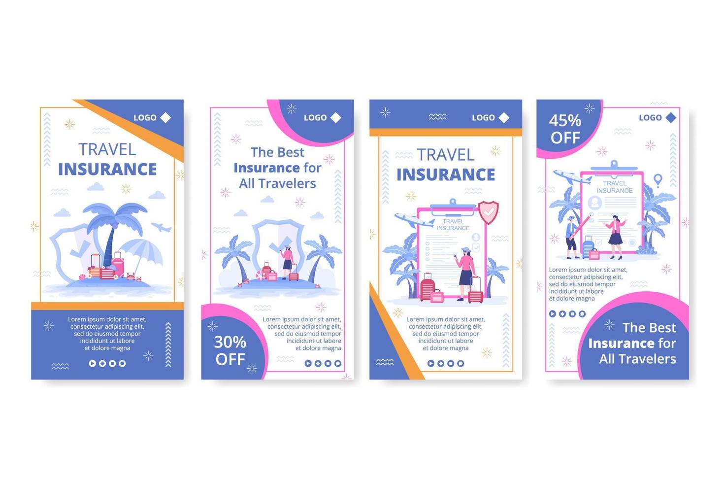 Ilustración de diseño plano de plantilla de historias de seguro de viaje editable de fondo cuadrado adecuado para redes sociales, tarjetas de felicitación y anuncios web en Internet vector