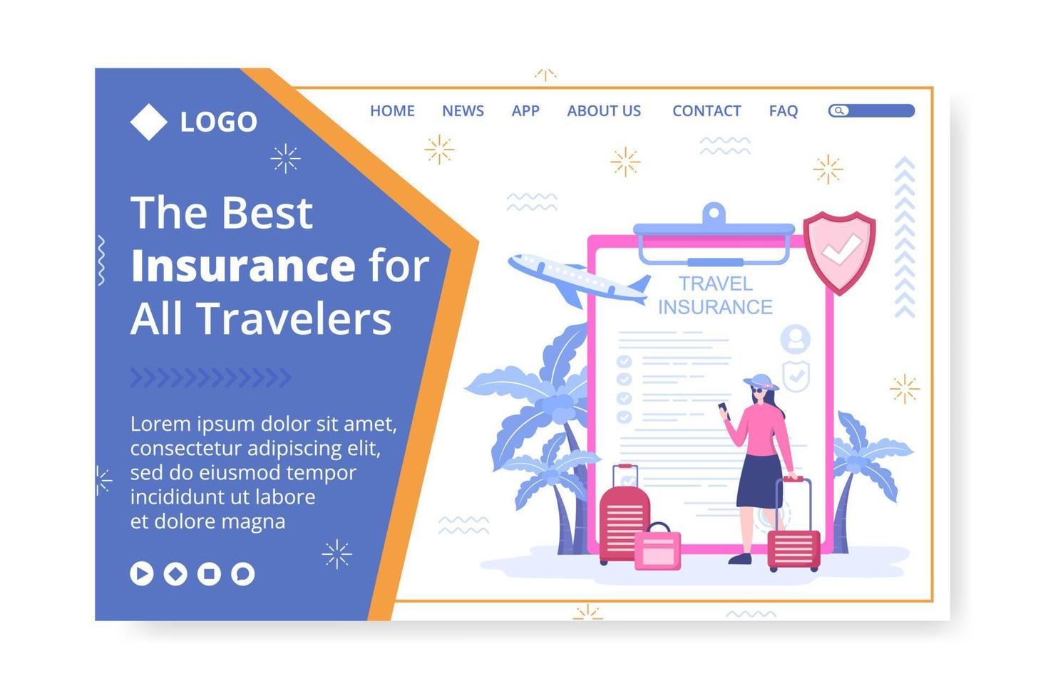 Ilustración de diseño plano de plantilla de página de destino de seguro de viaje editable de fondo cuadrado adecuado para redes sociales, tarjetas de felicitación y anuncios web en Internet vector