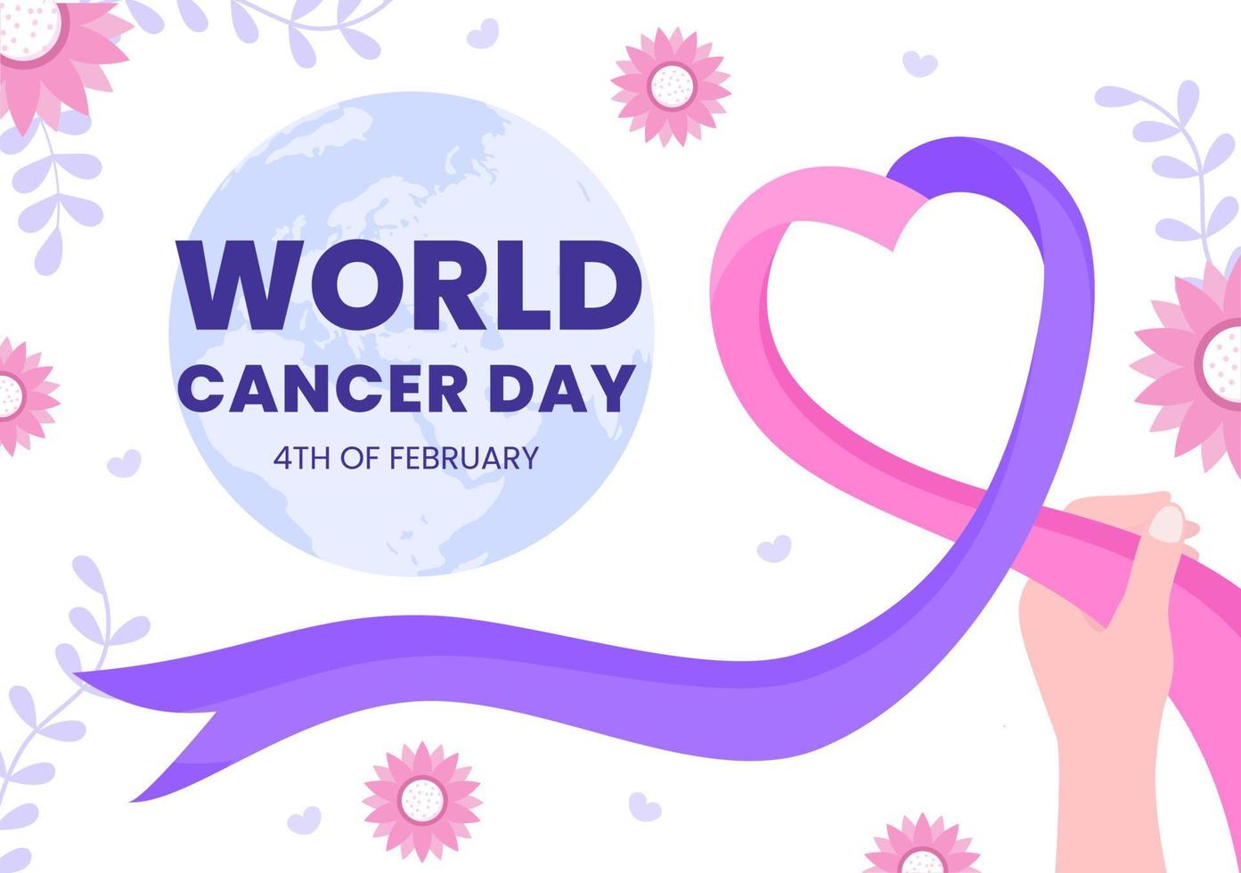 World Cancer Day with Ribbon Flat Vector Illustration. Inform the Public About Disease Awareness on February 4th Through Campaign Background or Poster