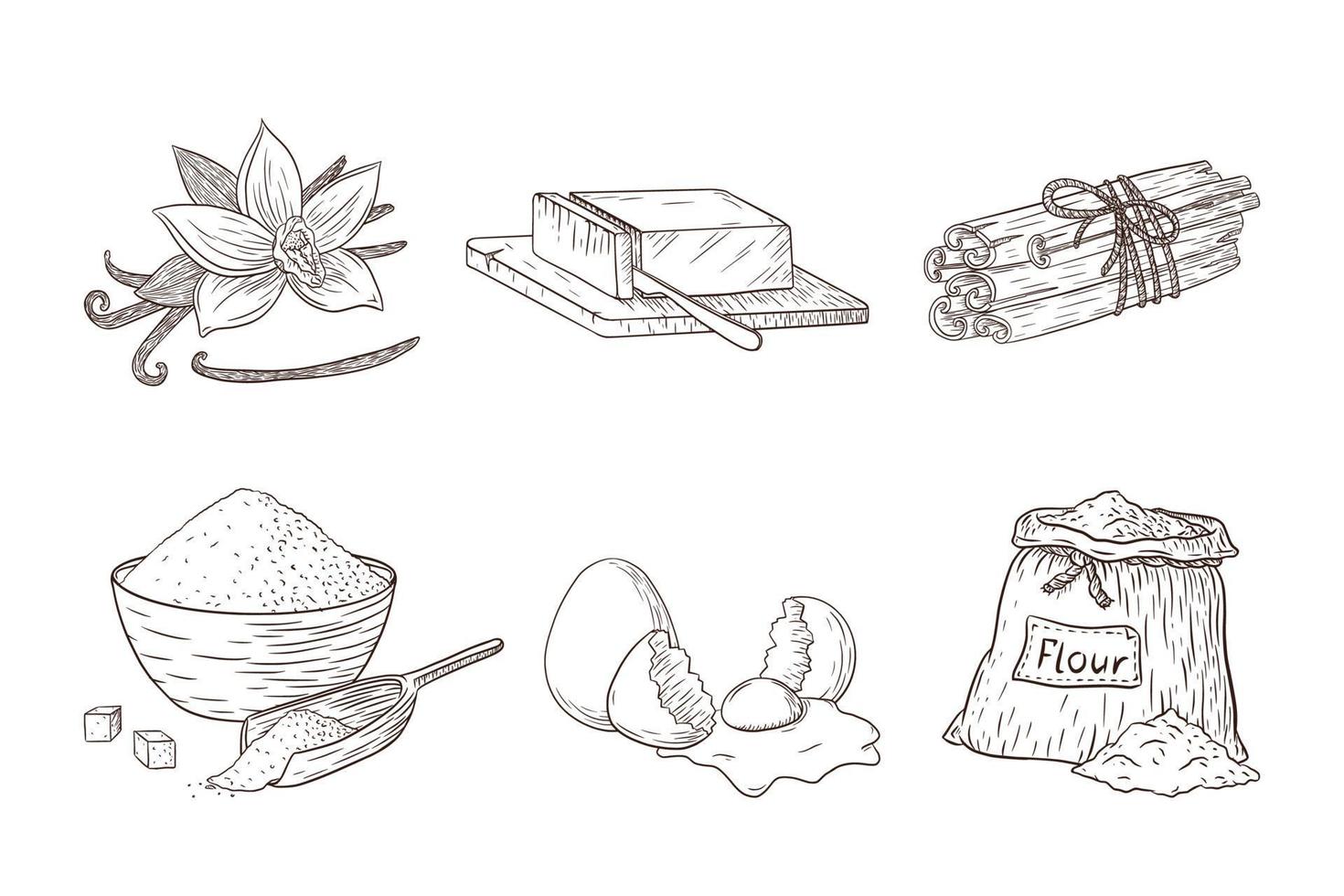 Conjunto de ilustraciones grabadas de ingredientes para hornear. colección de bocetos de alimentos dibujados a mano para logotipo, receta, adhesivo, impresión, diseño de menú de panadería y decoración vector