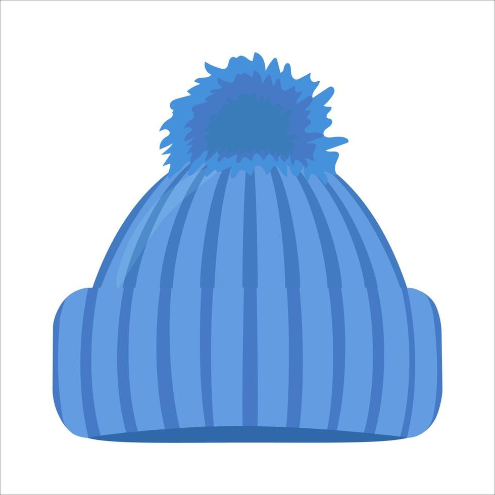 Blue Knitted Hat with Pompom. vector