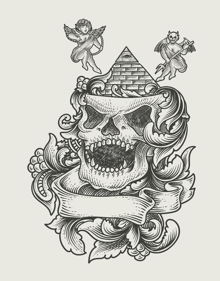 illustration skull illuminati with vintage engraving ornament vector