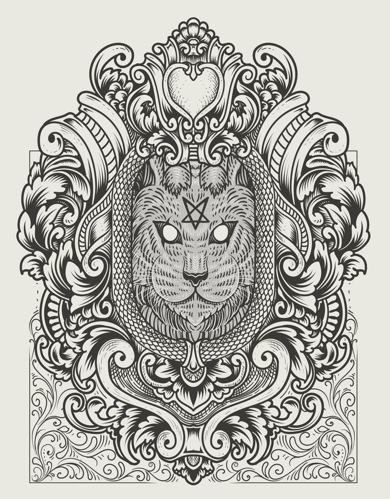 illustration vintage demon cat with engraving style vector