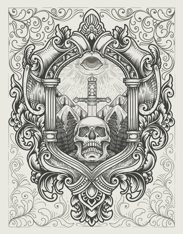 illustration antique skull sword with dark eyes engraving style vector