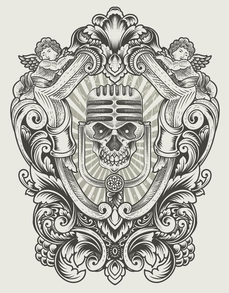 illustration antique skull microphone with engraving style vector
