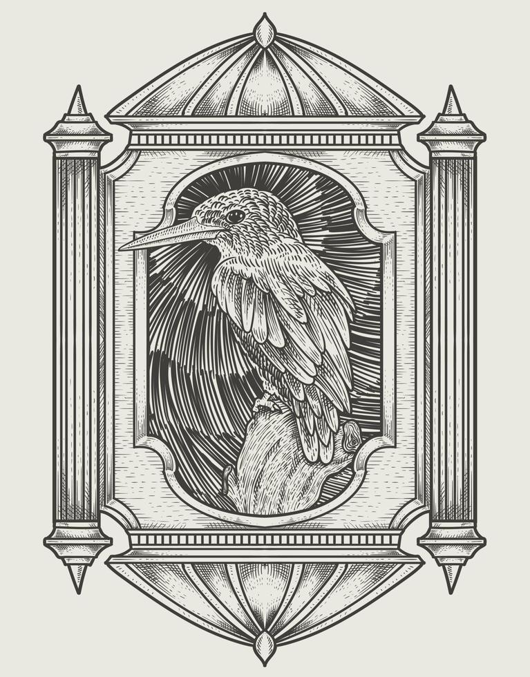 Ilustración vintage hermoso pájaro con estilo de grabado vector