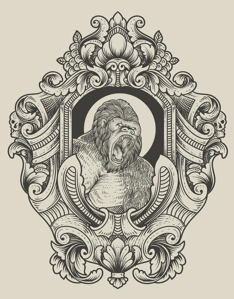 Ilustración de gorila vintage con estilo de grabado vector