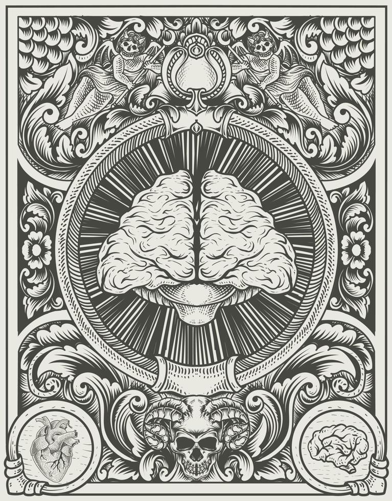 illustration antique brain with engraving style vector