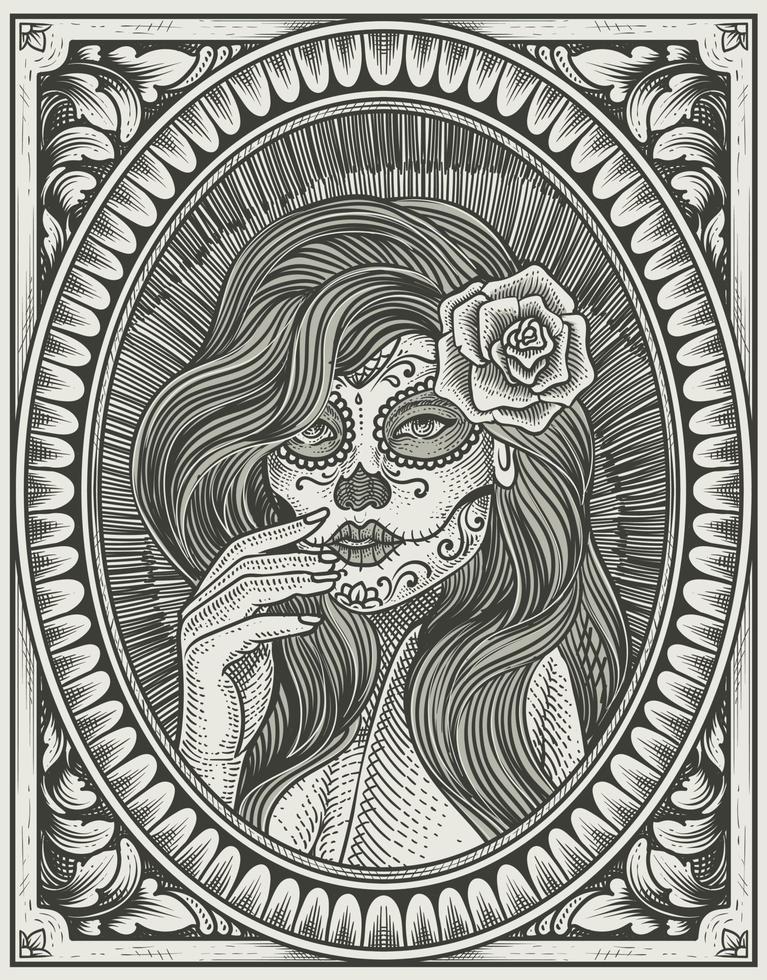 illustration sugar lady skull with engraving style vector