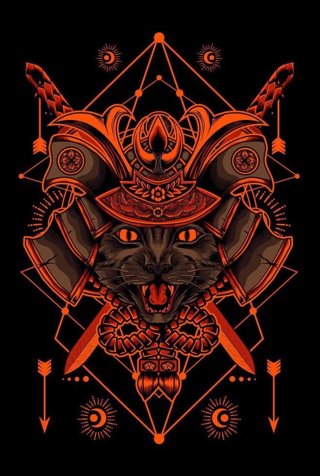 illustration vector samurai cat head with sacred geometry