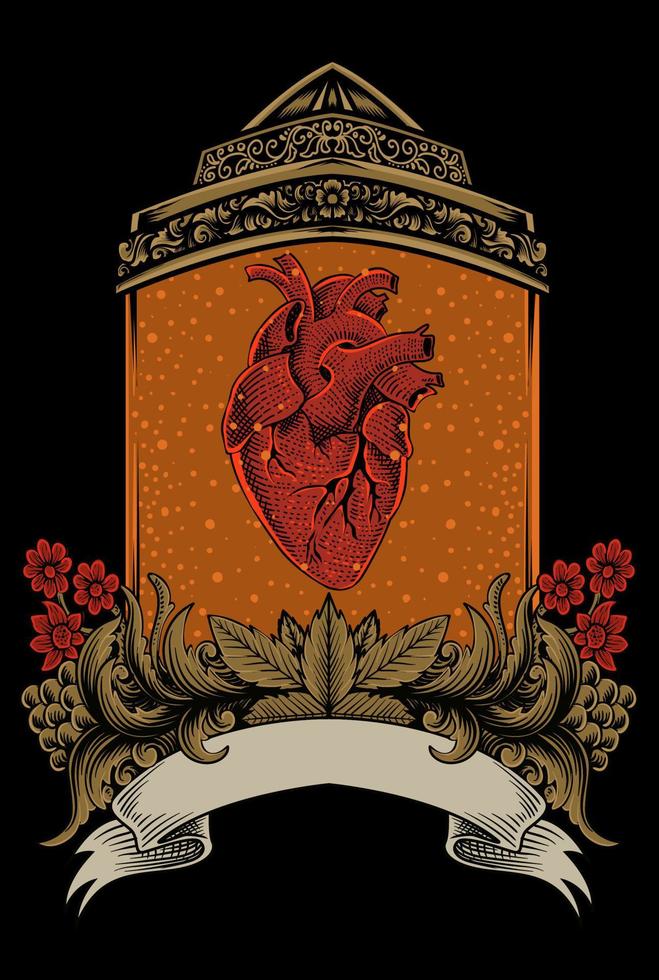 Ilustración vectorial corazón con adorno grabado vintage vector