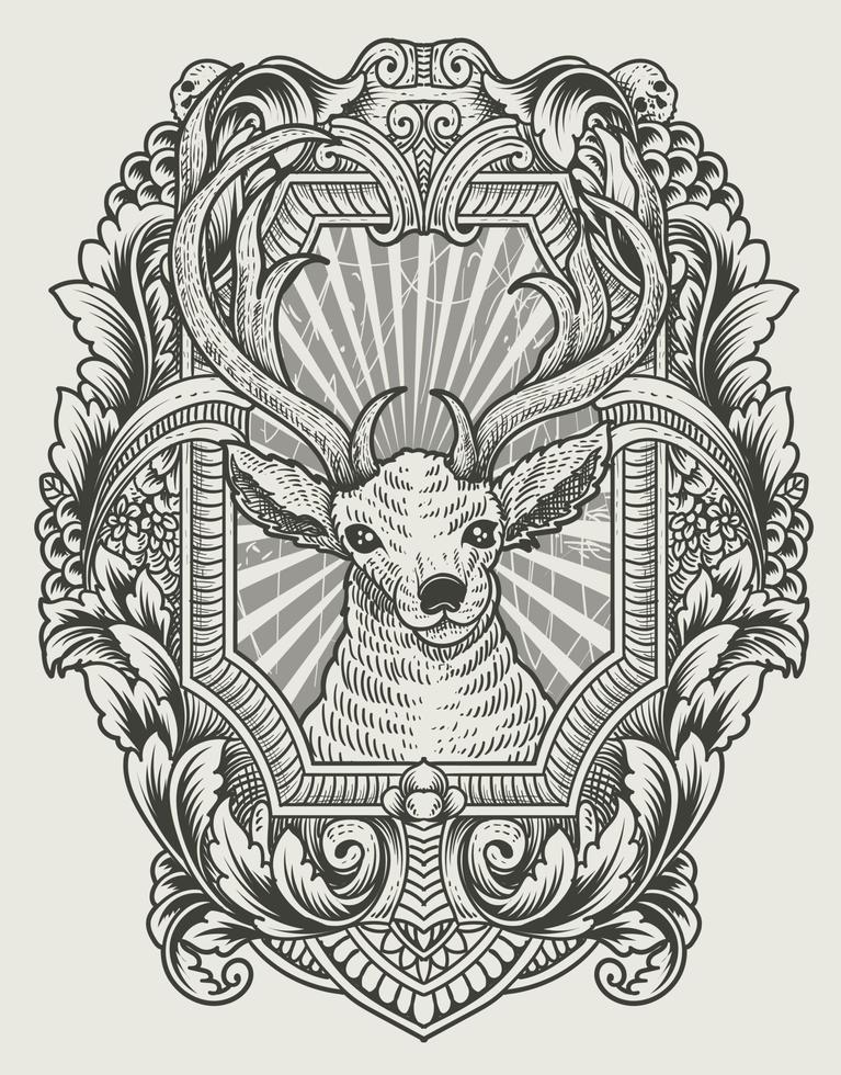 illustration vintage deer with engraving style vector