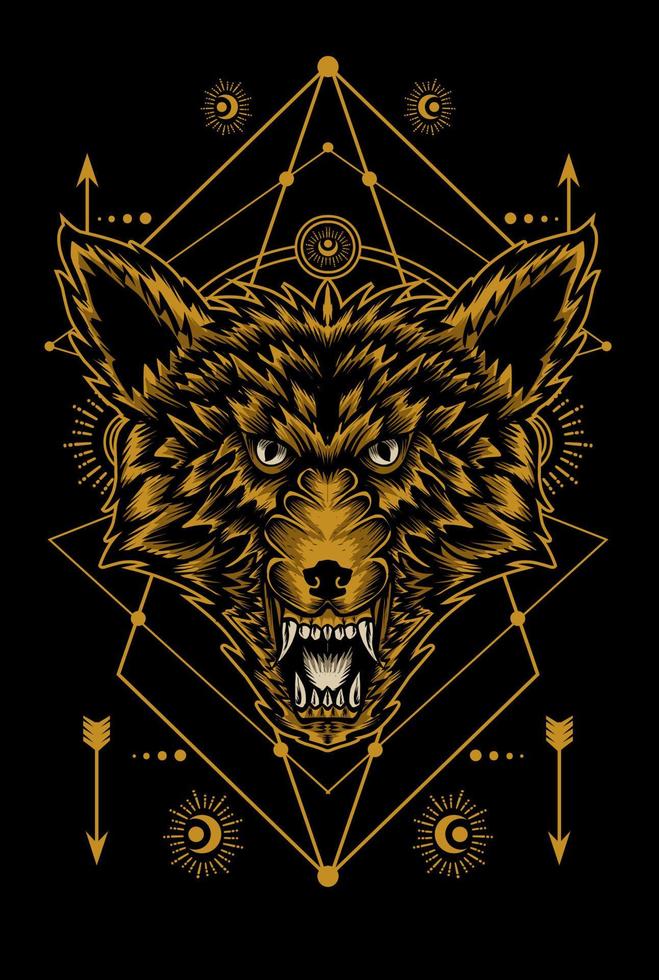 ilustración vectorial cabeza de lobo enojado con geometría sagrada vector