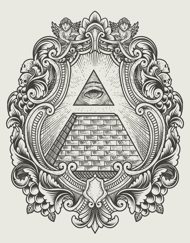 Ilustración de la pirámide illuminati con estilo de grabado vector