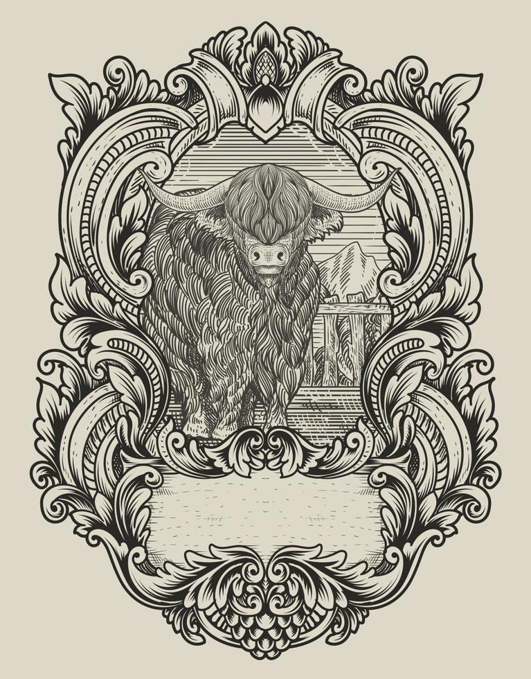 illustration vintage bull with engraving style vector