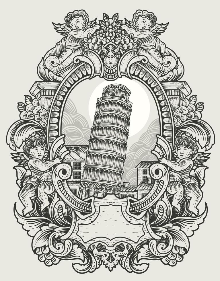 Ilustración de la torre de Pisa vintage con estilo de grabado vector