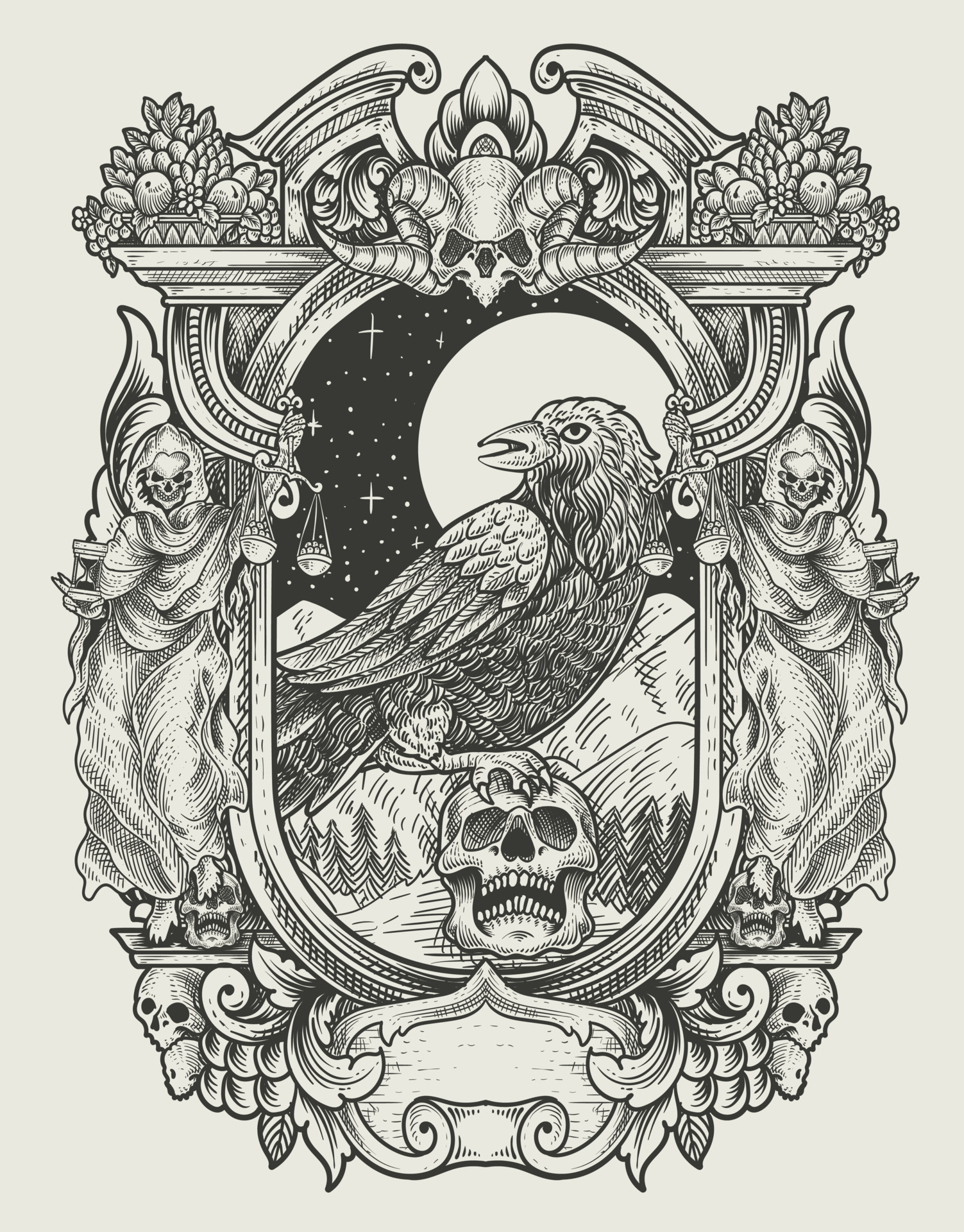 illustration vintage scary crow with engraving style 4854682 Vector Art ...