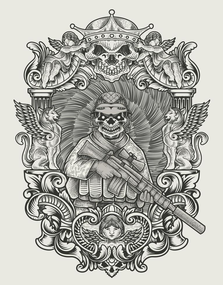 illustration vintage skull army with engraving style vector