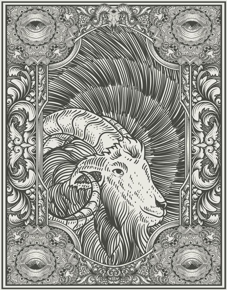 illustration vintage goat with engraving style vector