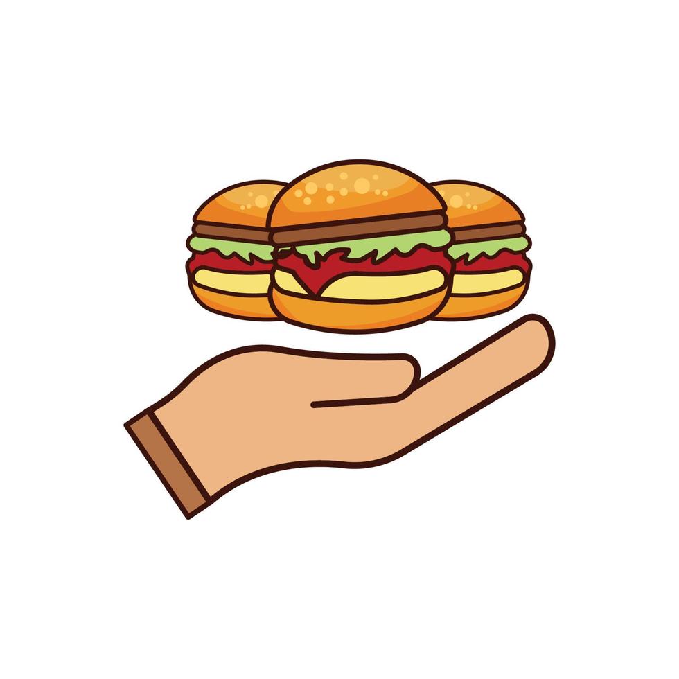 Delicious burger flat icon and hand icon. Design template vector