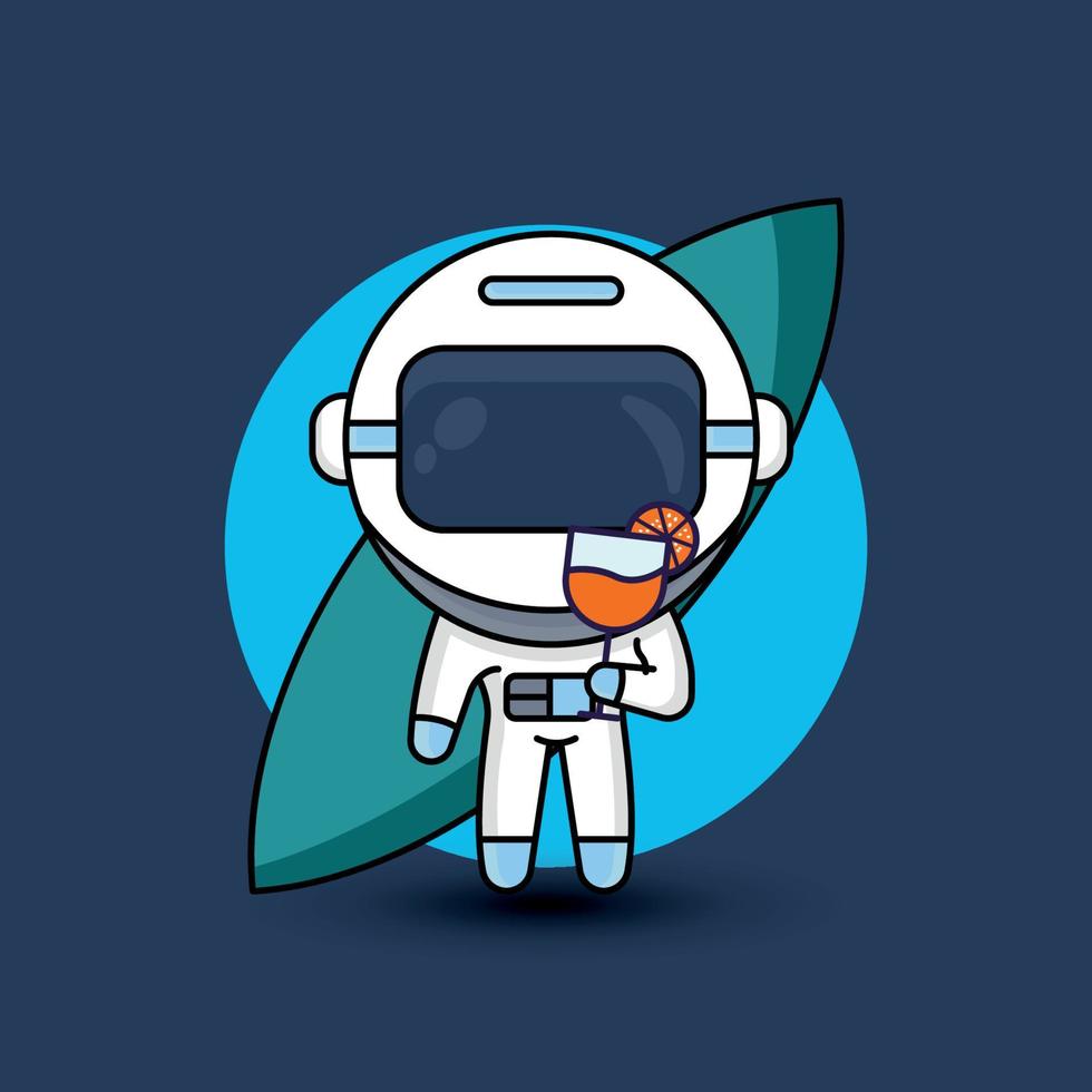 astronauta llevando bebida de jugo. Ilustración de personaje de dibujos animados con fondo de tabla de surf de surf. Adecuado para ilustración de verano, diseño de estampados. vector de plantilla de diseño