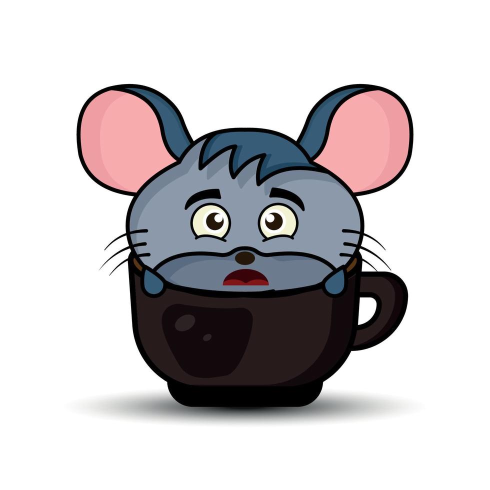 ilustración personaje de dibujos animados lindo ratón en taza de café. estilo plano de ilustración. Adecuado para diseño de impresiones, libros para niños, camisetas para niños, etc., vector de plantilla de diseño