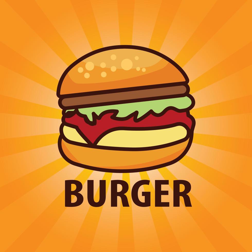 Cartel de publicidad de comida rápida de hamburguesas con rayos e inscripción de letras. deliciosa hamburguesa o hamburguesa con queso diseño de banner promocional temp. vector de plantilla de diseño