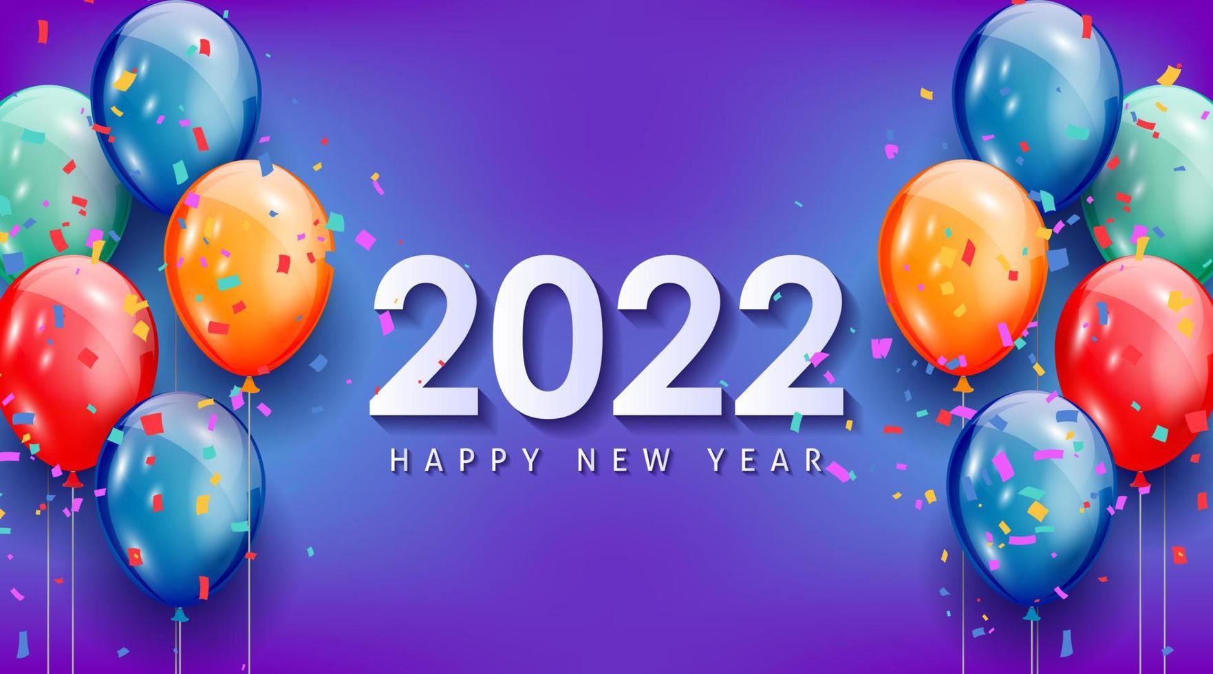 Feliz año nuevo 2022 tarjeta de felicitación con globos de colores realistas diseño de fondo de celebración para tarjetas de felicitación, carteles, pancartas. ilustración vectorial. vector