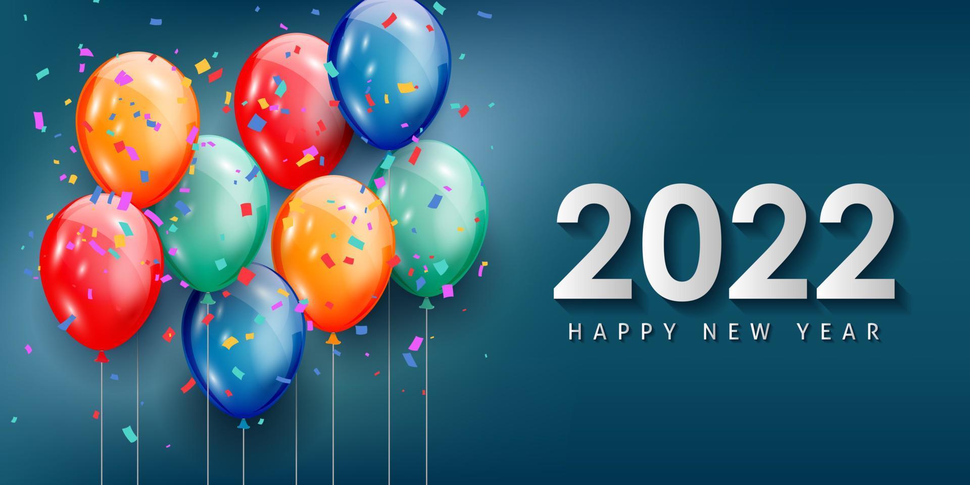 Feliz año nuevo 2022 tarjeta de felicitación con globos de colores realistas diseño de fondo de celebración para tarjetas de felicitación, carteles, pancartas. ilustración vectorial. vector