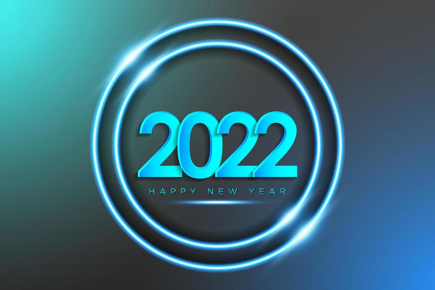 Happy new year 2022 background in realistic neon light style round frame with shining effect for greeting card, poster, banner. Vector illustration.