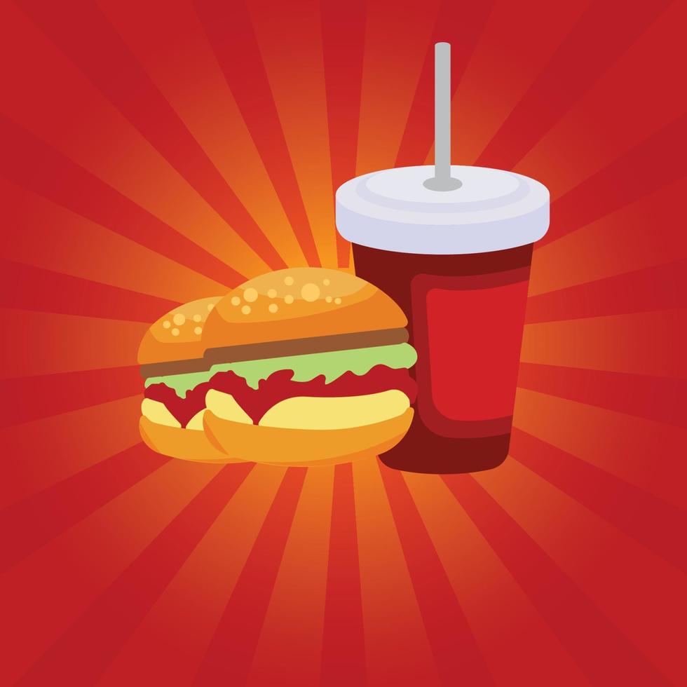 delicioso cartel publicitario de comida rápida y bebida con fondo de rayos. icono plano de deliciosa hamburguesa e icono plano de bebida fresca. diseño de banner promocional. vector de plantilla de diseño