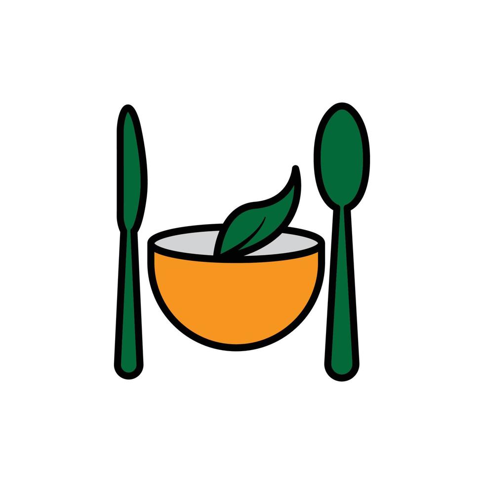 icono plano de restaurante vegetariano. cuchara, cuchillo, icono de hoja en la parte superior del tazón. vector de plantilla de diseño