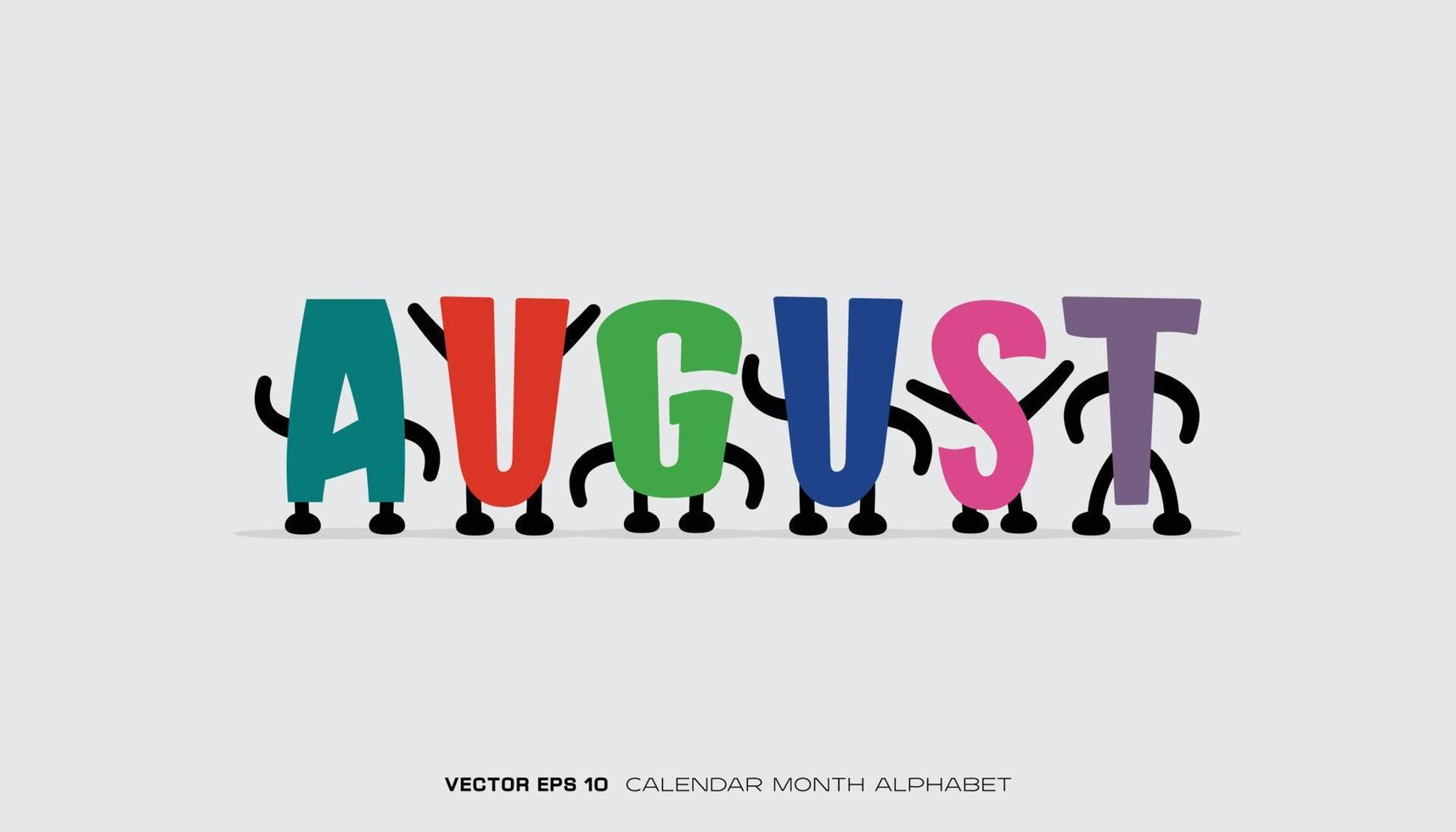 An alphabet that says August with colorful designs and characters. vector