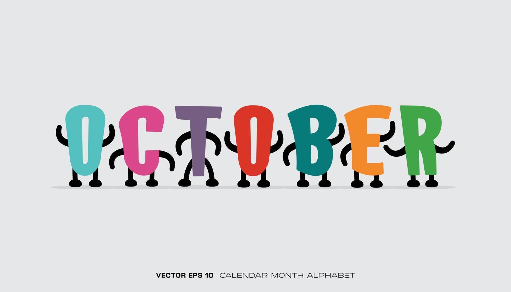 un alfabeto que dice octubre con diseños y personajes coloridos. vector