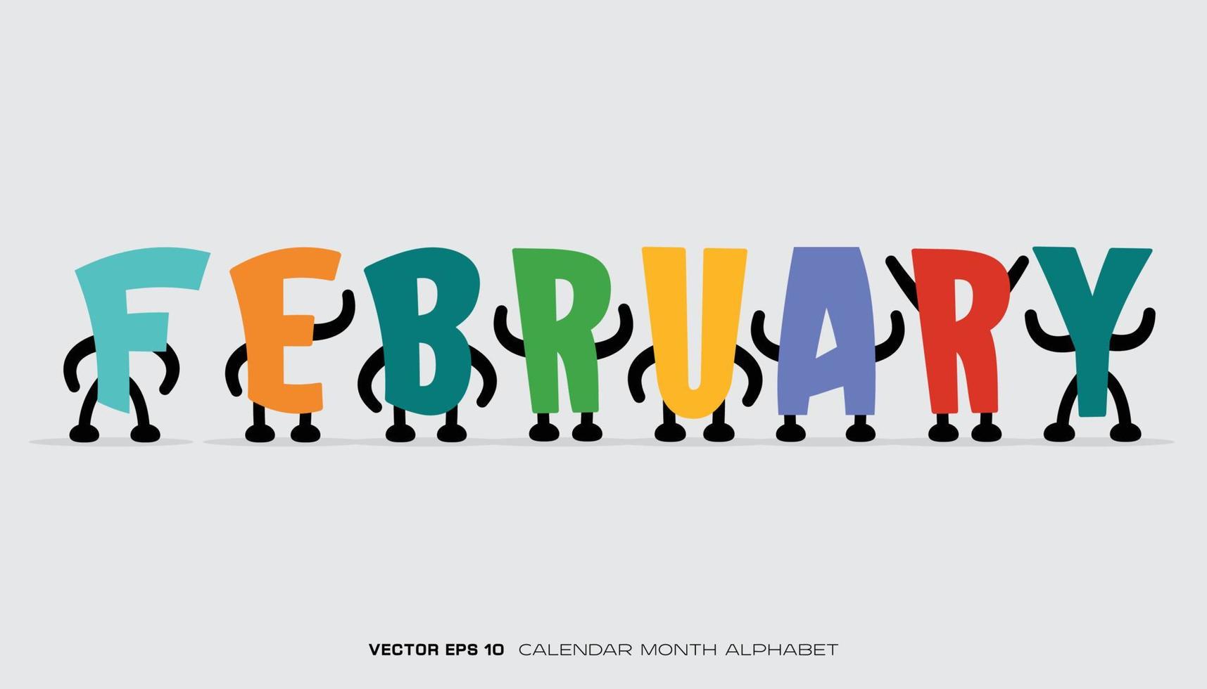 An alphabet that says February with colorful designs and characters. vector