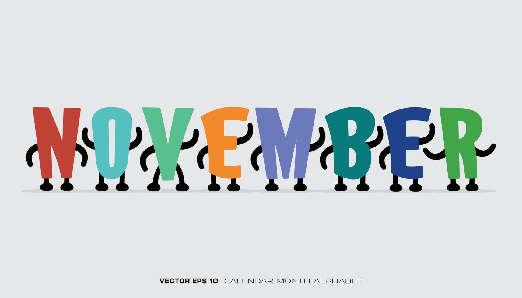 An alphabet that says November with colorful designs and characters. vector