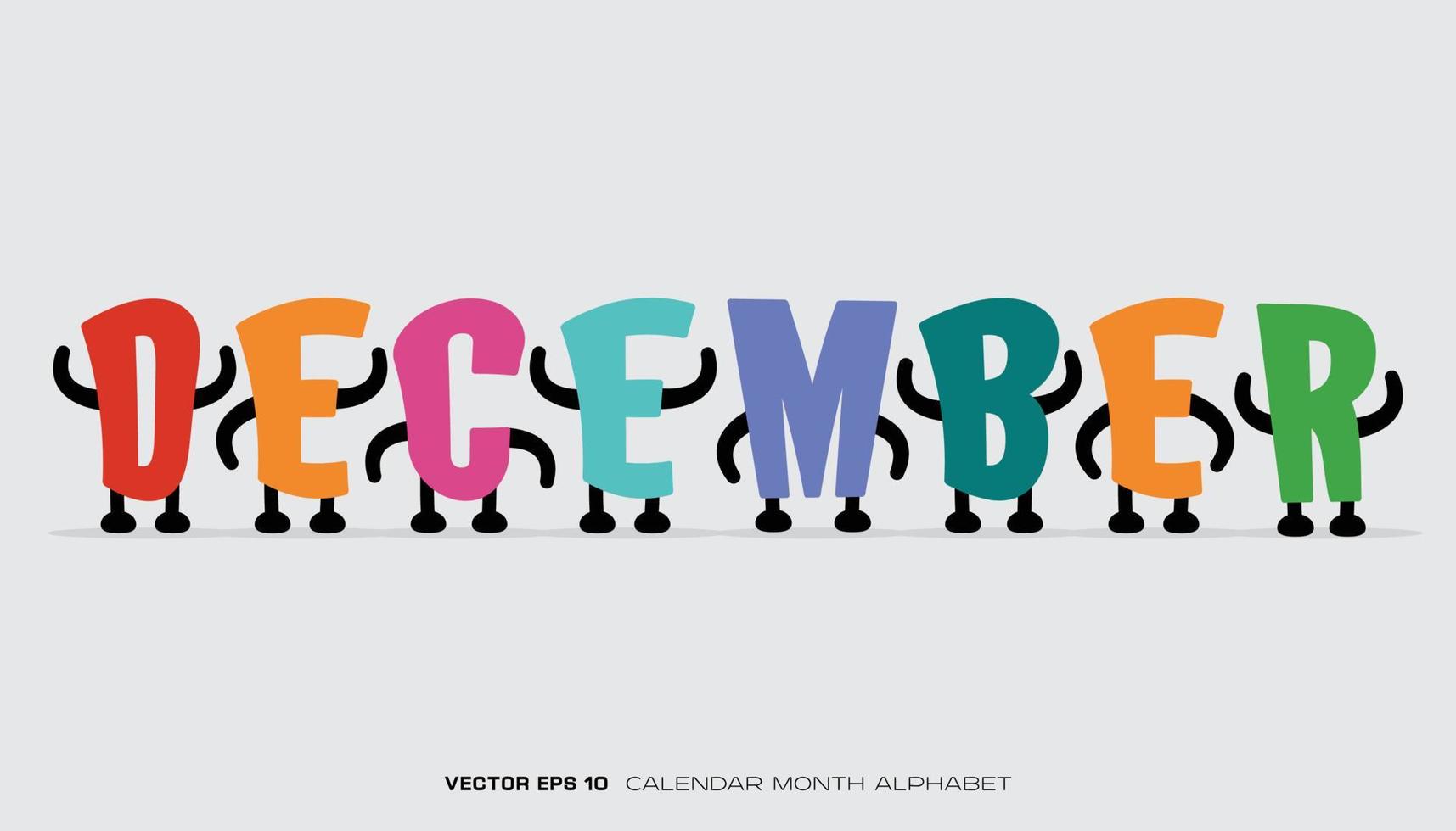 un alfabeto que dice diciembre con diseños y personajes coloridos. vector