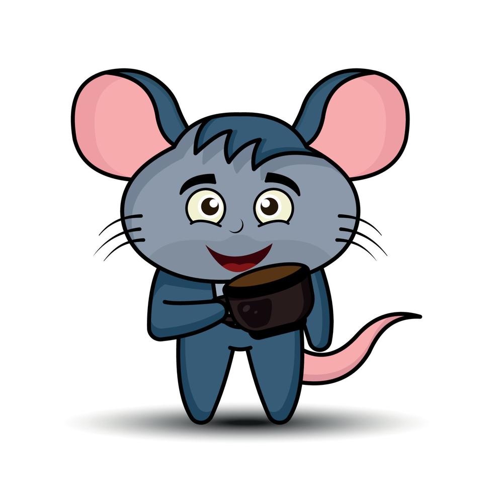 ilustración personaje de dibujos animados lindo ratón con taza de café. estilo plano de ilustración. Adecuado para diseño de impresiones, libros para niños, camisetas para niños, etc., vector de plantilla de diseño