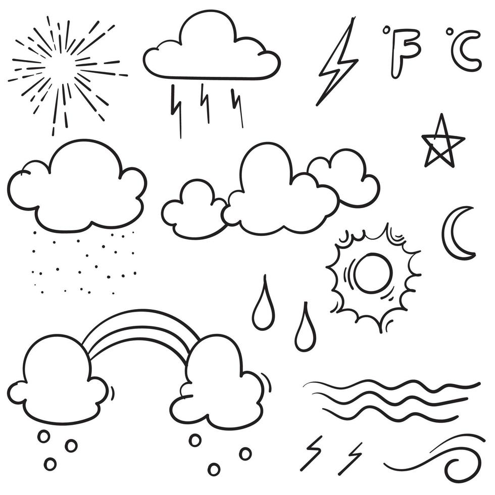 Weather Doodle Vector Set illustration with hand drawn line art style vector