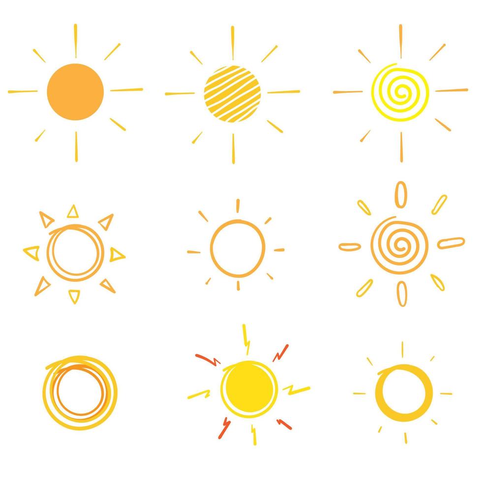 Funny vector doodle suns illustration. With Hand drawn set isolated