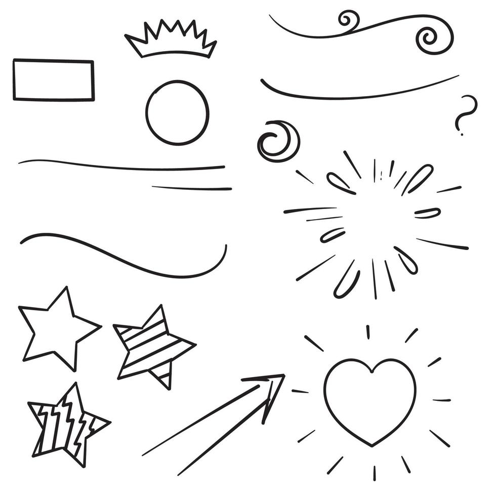 Hand drawn doodle elements black on white background. Arrow, heart, love, star, leaf, sun, light, flower, daisy, crown, king, queen,Swishes, swoops, emphasis ,swirl, heart, for concept design.vector vector