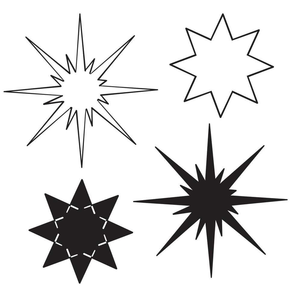 iconos de estrellas. destellos, explosión brillante. estrella de símbolos vectoriales con estilo de arte de línea de doodle dibujado a mano aislado sobre fondo blanco vector